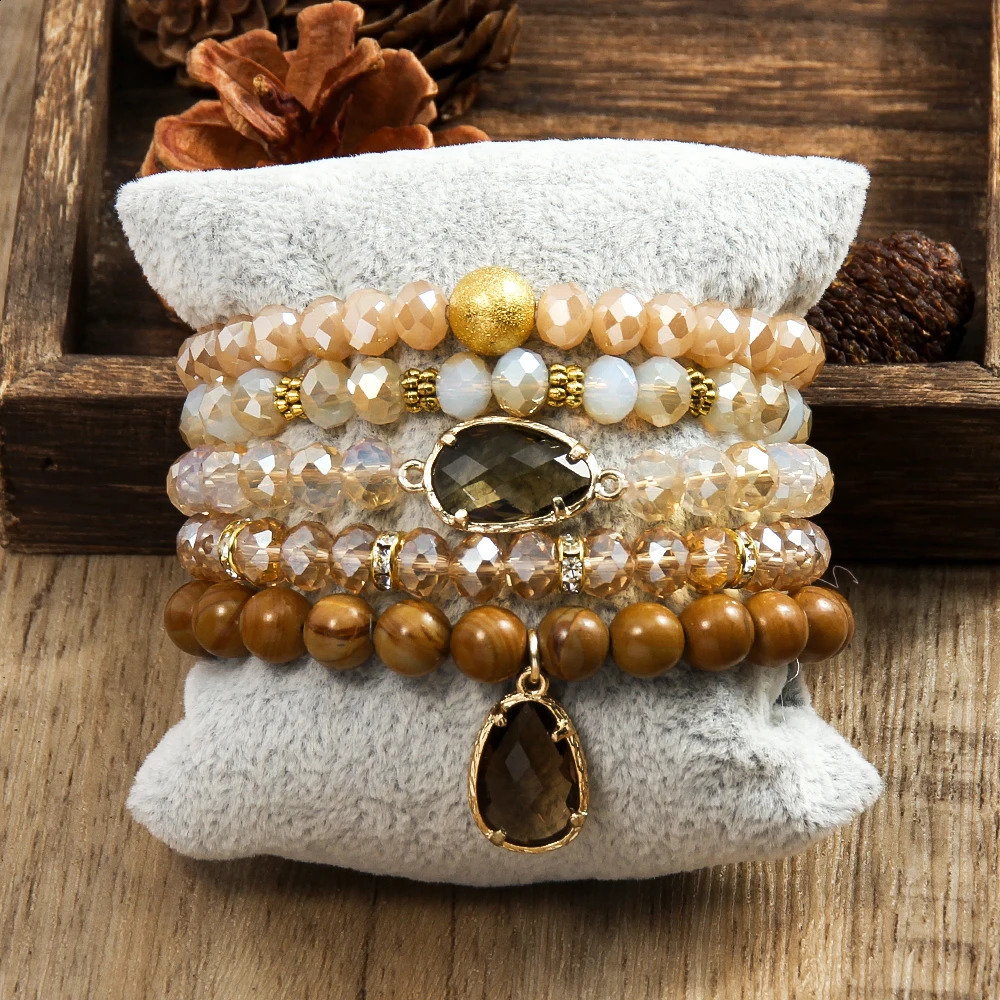 Simple Bohemian Women Jewelry 8mm Natural Stone Shining Glass Handmade Beaded Elastic Bracelet 5pcs Stacked Bracelet Set 241227