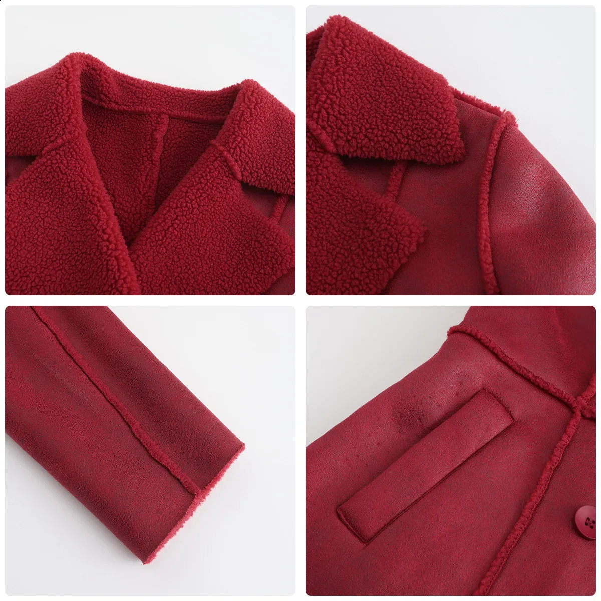 Fur One Double Breasted Lapel Padded Leather Jacket Female Autumn and Winter Medium Length Suede Wine Red Coat 241220