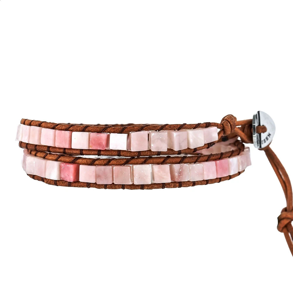 Leather Natural Pink Opal Stone 2 Wraps Bracelet 4mm Square Beads Handwoven Bohemain Women Adjustable Bracelet Jewelry for Gift 241227