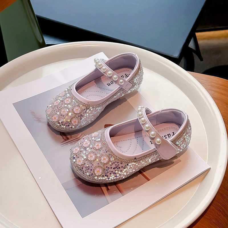 Unishuni Girls Bling Crystal Princess Flats Kids Floral For Dance Shoes Child Soft Mary Janes Baby Girls Pearl Casual Shoes W241228