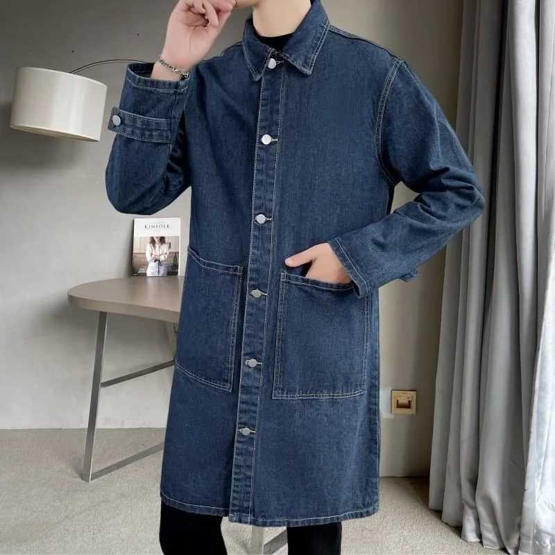 Retro denim trench coat mens mid to long loose top windproof autumn and winter plush thick coat jacket W241228