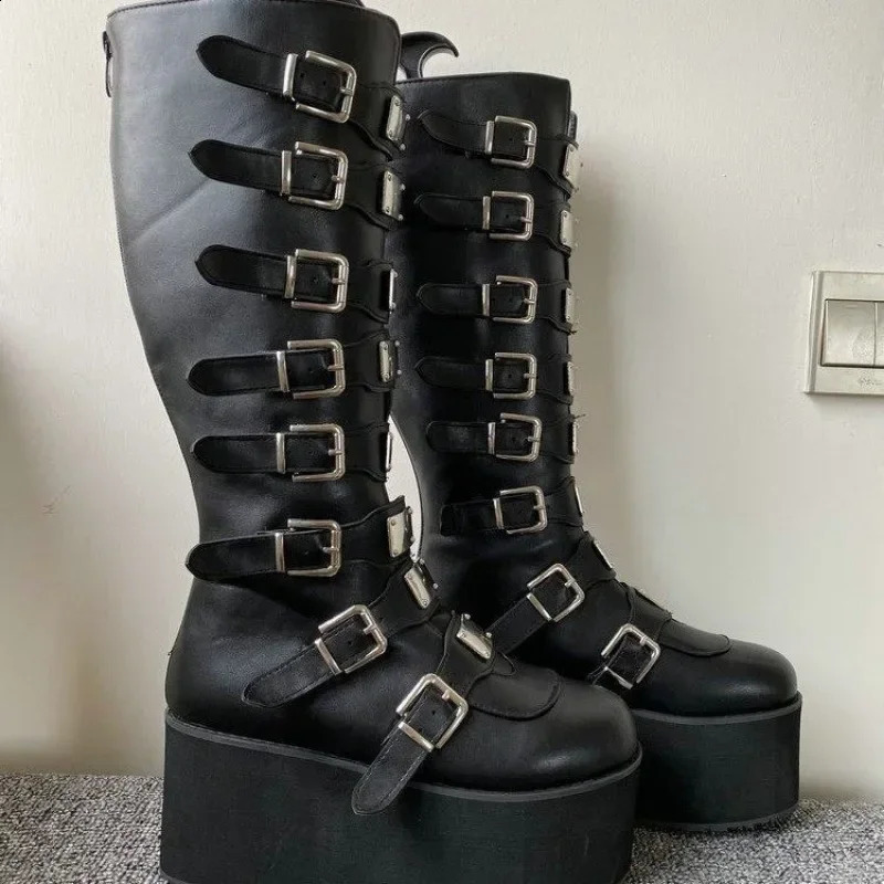 Punk Women Boots Cosplay Ladies High Heel Platform Wedges Gothic Buckle Strap Long Tube Leather Female 241223