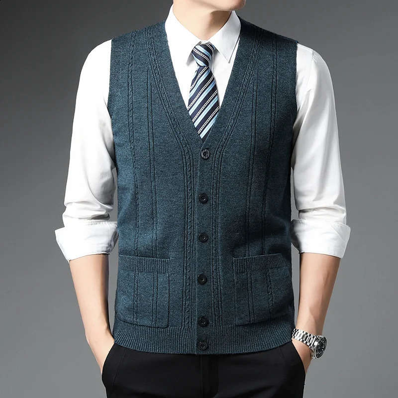 Autumn and Winter Mens Cardigan Vest Without Plush Fashion Casual Knitted Sweater Warm V-neck Vest 241228