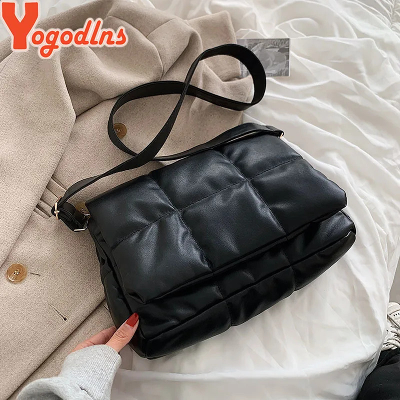 Yogodlns Winter Space Cotton Down Shoulder Bag Female Leather Flap Crossbody Bag Large Capacity Padded Messenger Handbag Bolsa 241227