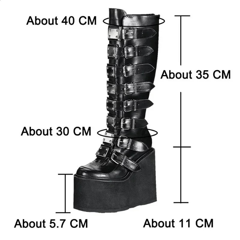 Punk Women Boots Cosplay Ladies High Heel Platform Wedges Gothic Buckle Strap Long Tube Leather Female 241223