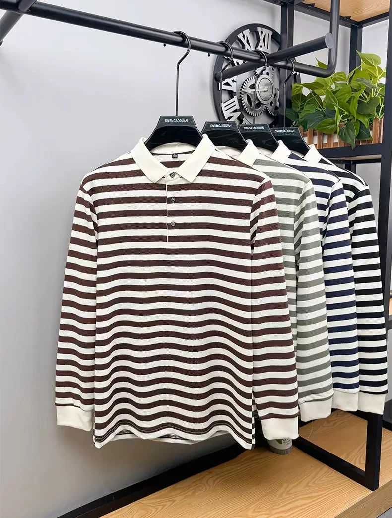 2024 New Fashion Contrast Stripe Long sleeve shirt Shirt Mens autumn High Quality T-shirt shirt Collar Korean Casual Youth Top X241228