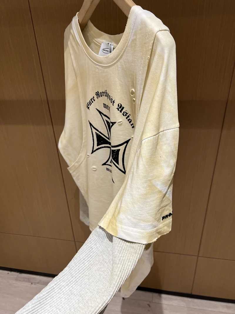 On Slve Grailz Project Apricot Loose Washed Hole Dirty Stain T Shirt Men Women Hip Hop Thr Fake Items Design T-shirts T X2412281