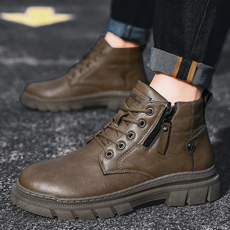 Men Retro Work Ankle Boots Autumn Winter Thick Bottom High Top Casual Leather Chelsea Desert Waterproof Male 241223