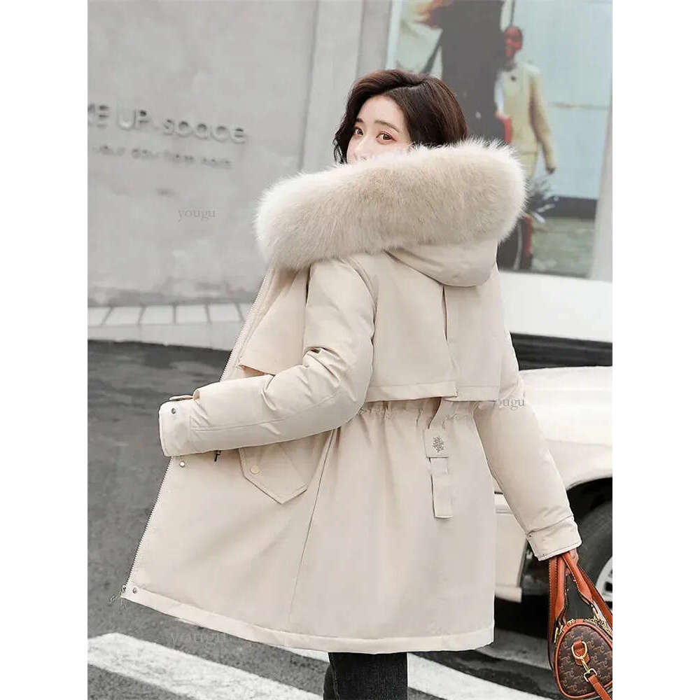 Women's Down Parkas Winter Coat Low Price On Sale Women Beige Add Wool Thick Warmth Fur Hooded Jacket 2023 Fashion Belt Slim Cotton 231123