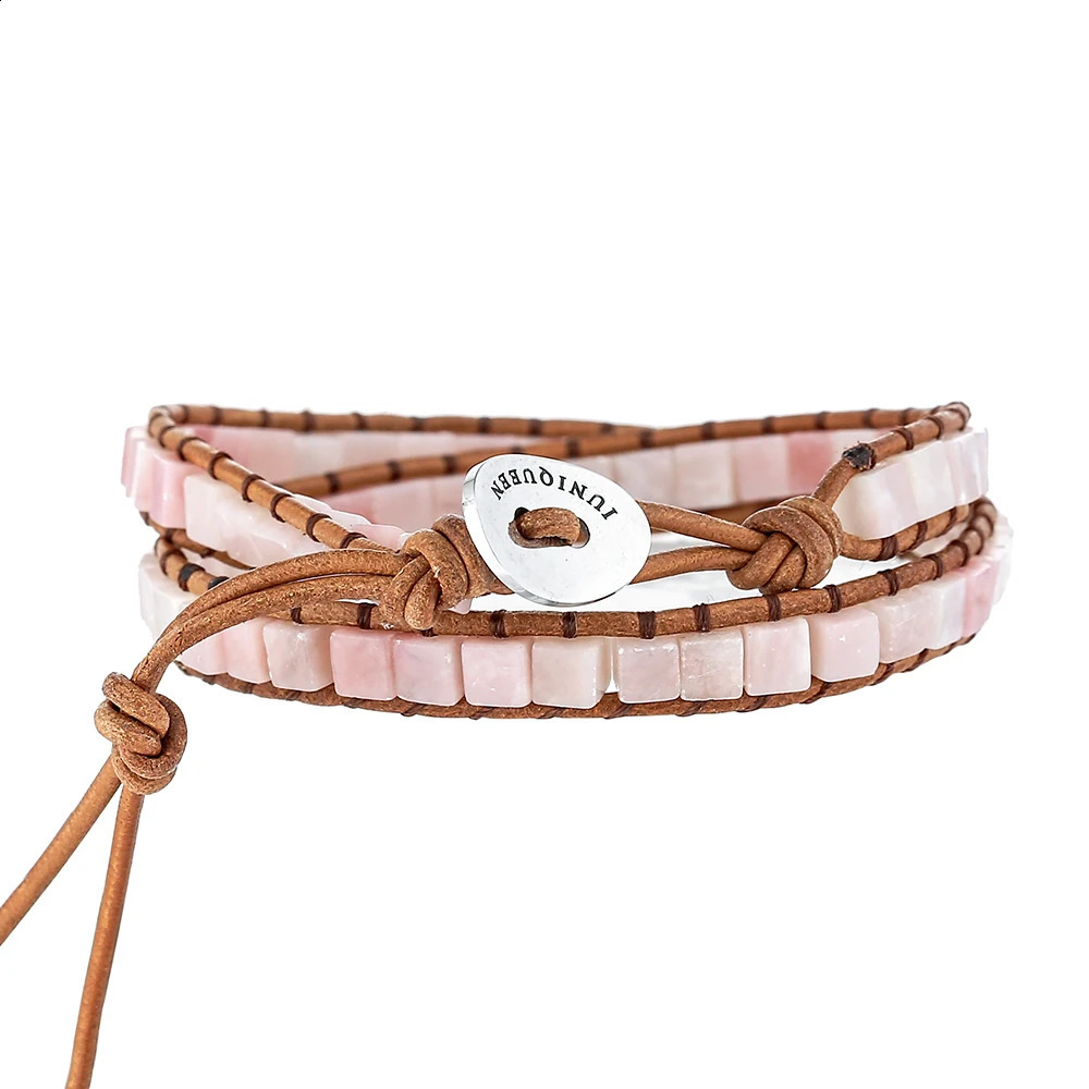 Leather Natural Pink Opal Stone 2 Wraps Bracelet 4mm Square Beads Handwoven Bohemain Women Adjustable Bracelet Jewelry for Gift 241227