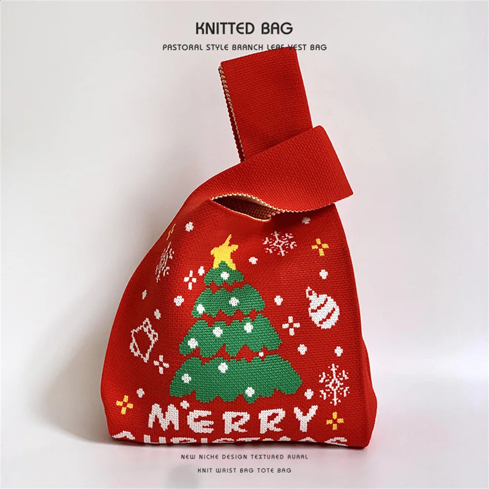 Christmas Handmade Knit Handbags Women Knot Wrist Bag Casual Small Tote Bag Girls Reusable Tote Shopping Bags 241227