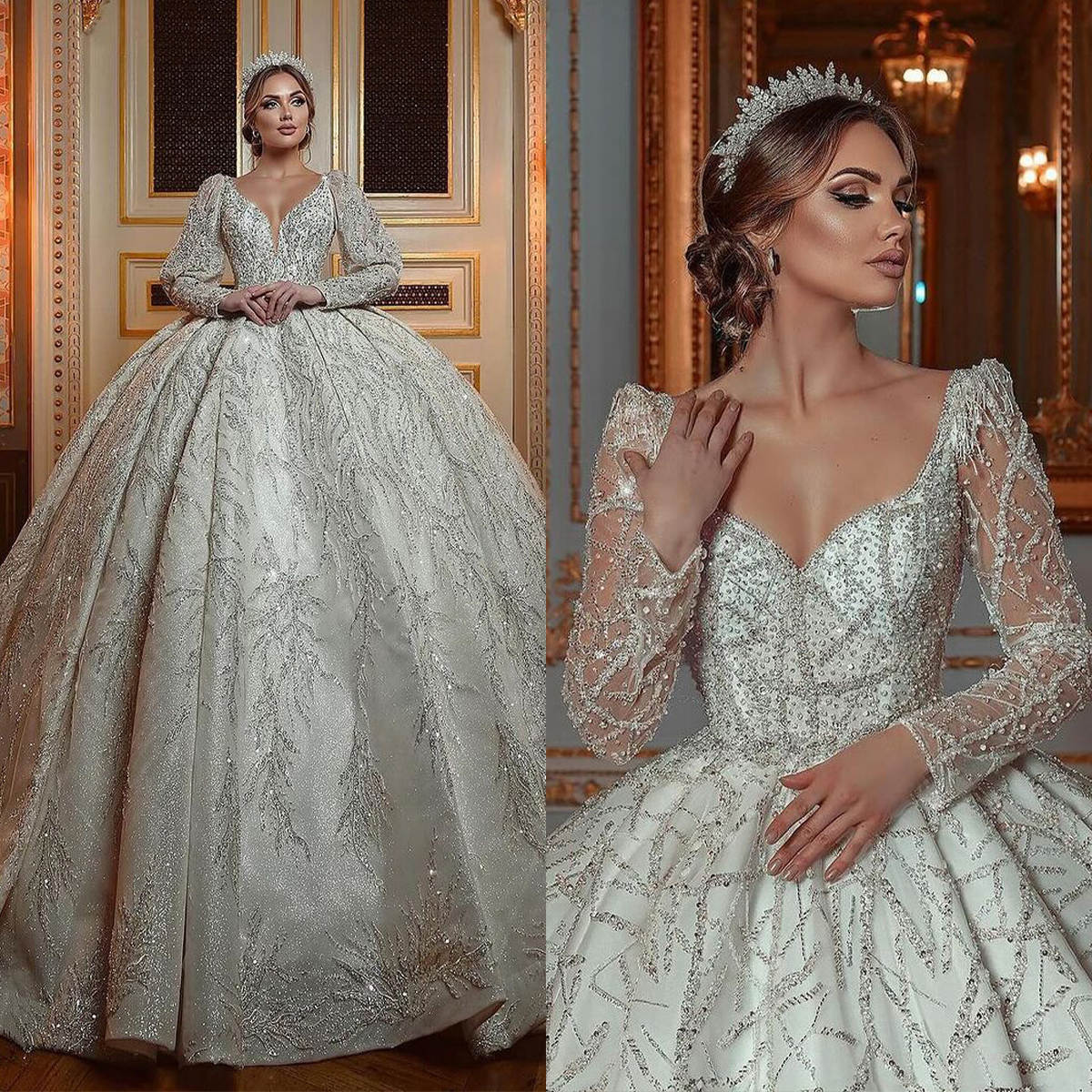 Luxury Ball Gown Wedding Dresses Bateau V-Neck Long Sleeve Lace Net Appliqued Sequins Cathedral Bridal Gowns Elegant Arabian Dubai Custom Made Vestido
