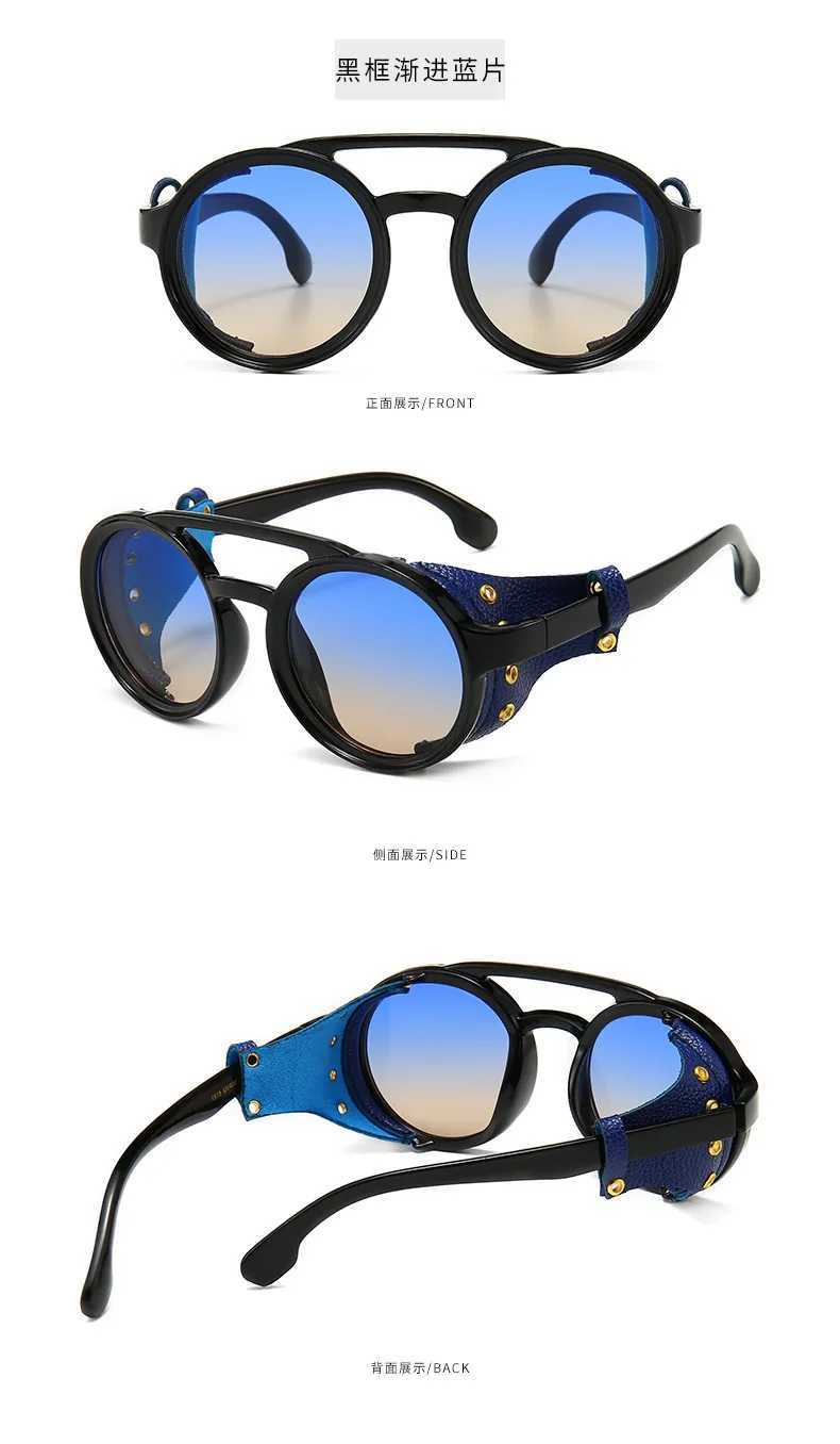 New Steampunk Shields Sunglasses Men Women Classic Sun Glasses with Side Leather Round Eyewears Punk UV400 LensXJ241228