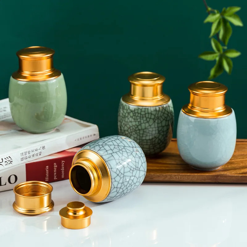 Cremation Memorial Pet Urn Center Size Pet Ashes Ceramic Cracked Glaze Leaves Decorative Ashes Animal Memorial Funeral Coffi 241225