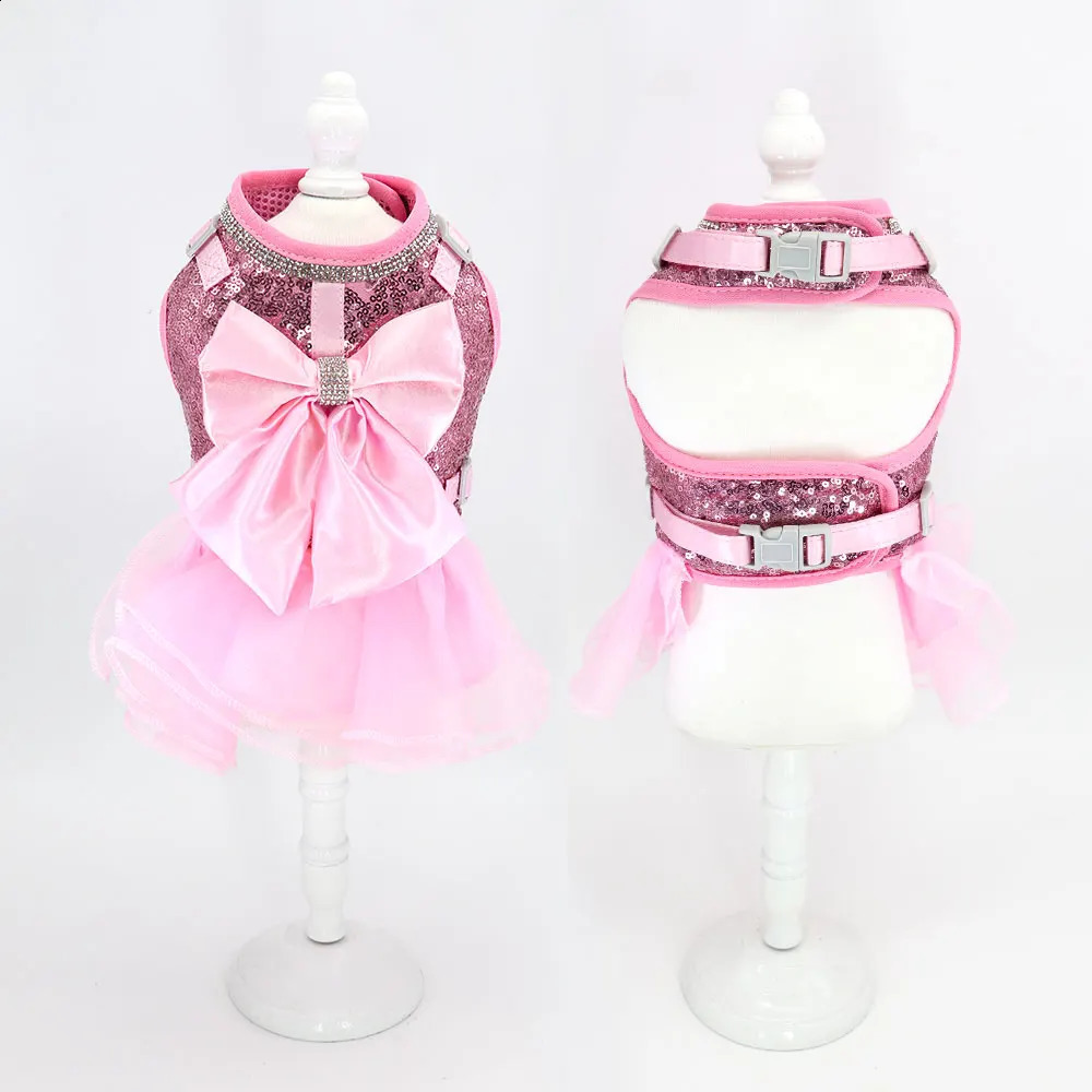 Bowknot Cat Dog Harness Leash Set Lace Crystal Puppy Vest 150cm Lead Nylon Breathable Kitten Harness Dress For Cats Small Dogs 241227