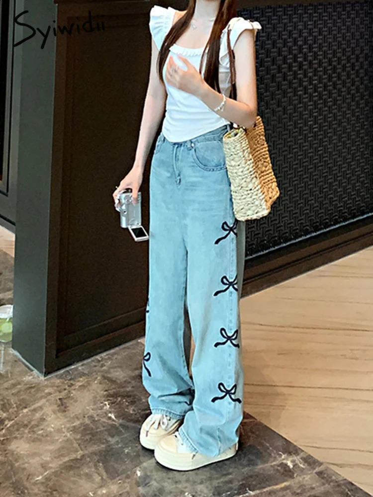 Syiwidii Bow Embroidery Baggy Blue Jeans for Women Korean Fashion High Waisted Y2k Wide Leg Streetwear Slouchy 241228