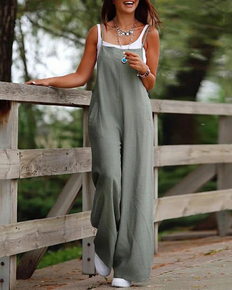 Fashion Jumpsuit Women Casual Pocket Decor Suspender Female Loose Rompers 241224