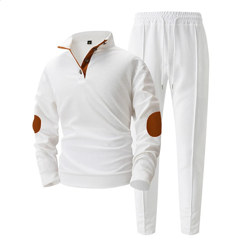 Casual Mens Two Piece Suits 2025 Spring Fall Fashion Patchwork Lapel Long Sleeve Tops And Pants Outfits Men Vintage Waffle Sets 241227