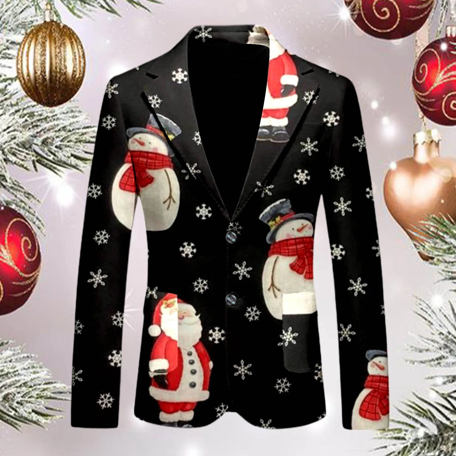 Mens Blazers Christmas Funny Cartoon Santa Snowman Printed Loose Single Breasted Casual Fashion Suit Jacket With Pockets 241227