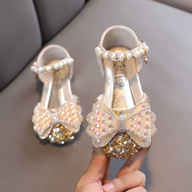 Girls Sequins Princess Flats Summer Childrens Student Dance PU Shoes Pearl Fashion Kids Rhinestone Bow Sandals W241228