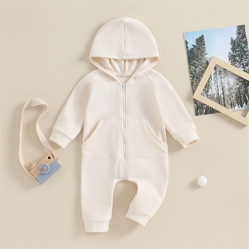 Lioraitiin 0-18M born Baby Boy Infant Romper Boho Long SlEEve Hooded Jumpsuit Outfits Solid Color Warm Sweatshirts 241226