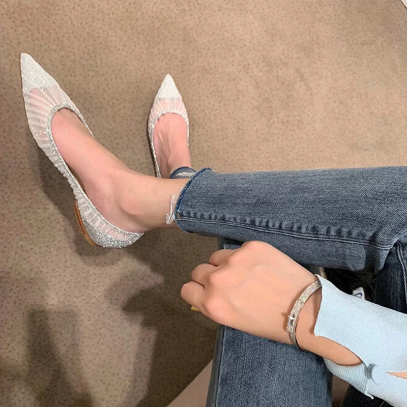 Lace Pointed Mesh Fine For Women 2023 Autumn New Sexy High Heel Shallow Wedding Shoes