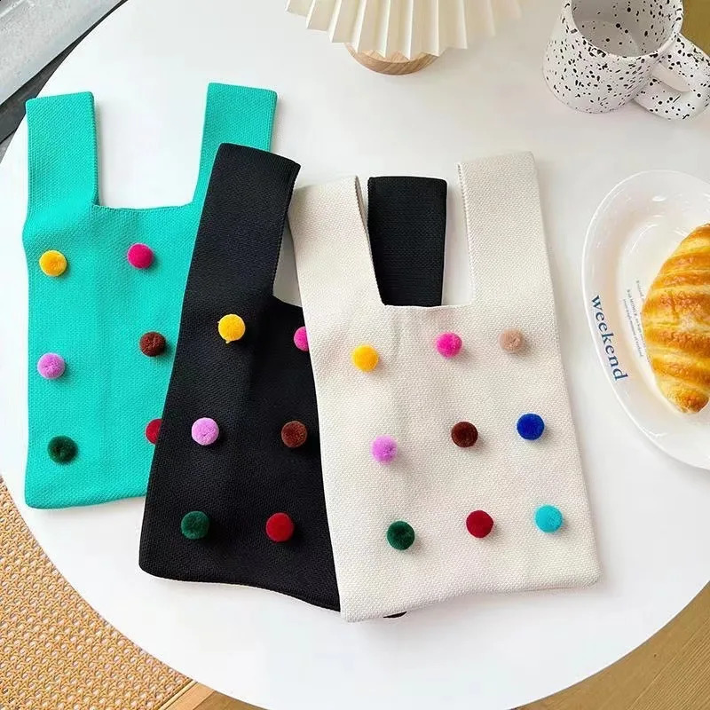 Handmade Knit Handbag Women Mini Knot Wrist Bag Casual Color Wide Stripe Plaid Tote Bag Student Reusable Shopping Bags 241227