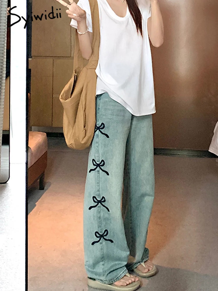 Syiwidii Bow Embroidery Baggy Blue Jeans for Women Korean Fashion High Waisted Y2k Wide Leg Streetwear Slouchy 241228