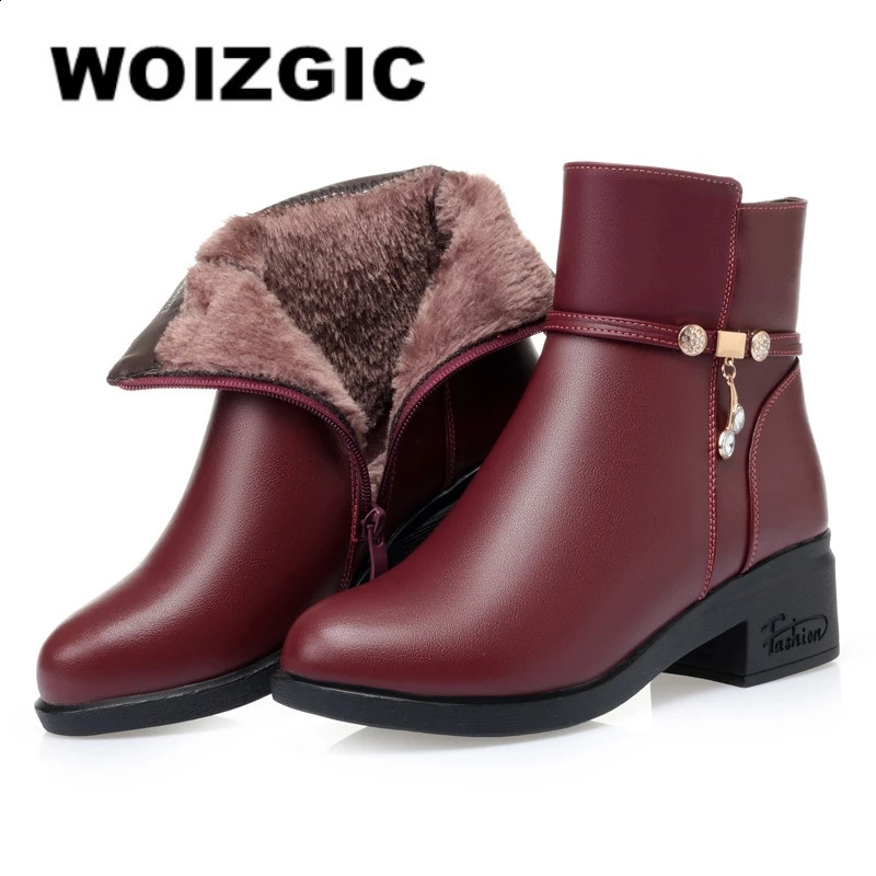 WOIZGIC Womens Mother Female Genuien Leather Shoes Ankle Boots Winter Fur Plush Wool Warm Zipper 241223