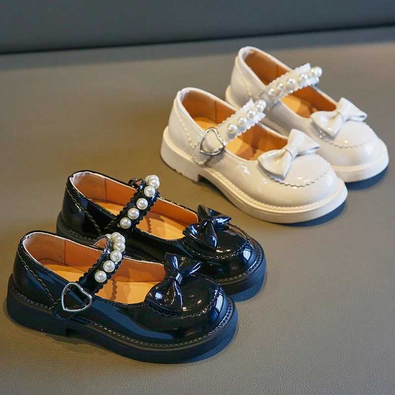Mary Janes for Girls Spring Pearl Lolita Lovely Bowtie Black White Cover Toe Children Flat Shoes Patent Leather 27-37 Kids Shoe W241228