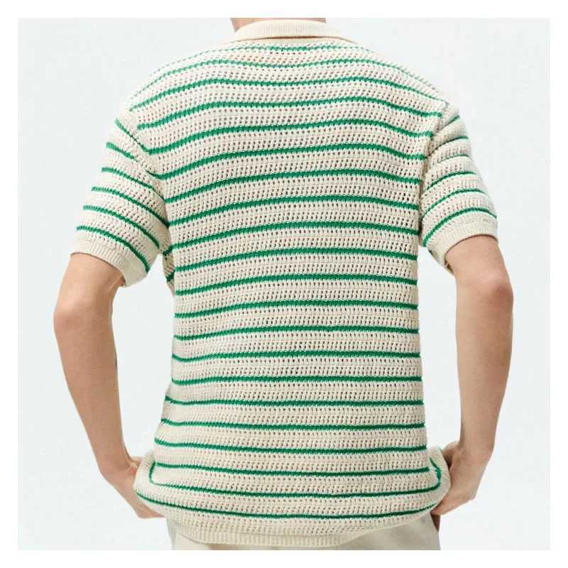 Sexy Hollow Mens Knitted shirt Shirt T-shirt Hollow Breathable Knitted T-shirt Top Striped Color Contrast Business Casual Jumper X241228