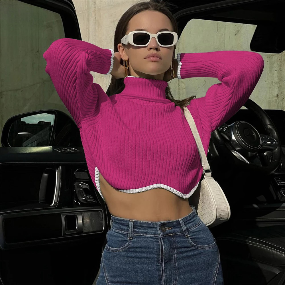 Y2k Turtleneck Crop Sweater For Winter Solid Knitted Long Sleeve Slim Pullovers Jumpers Knitwears Women Clothing