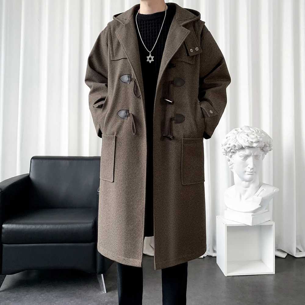 Horn Button Long Windbreaker Solid Color Single Breasted Mens Clothing Loose Oversized Trench Coat Casual Thick Hooded Male Top W241228