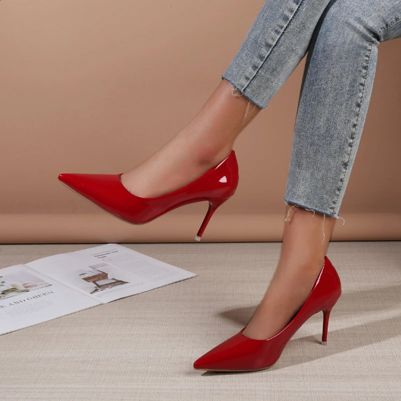 Shoes Woman Trend Summer Red Heels Elegant Woman Black Heeled Pointed Toe Pumps Dress Leather Ladies Shoe 241228