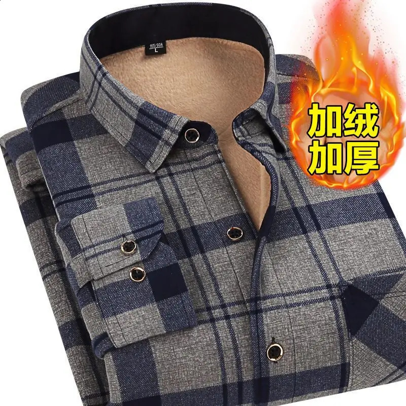 Mens Fleece Plaid Shirt Thick Warm Velvet Shirt Long Sleeve Business Fashion Big Size Autumn Winter 241223