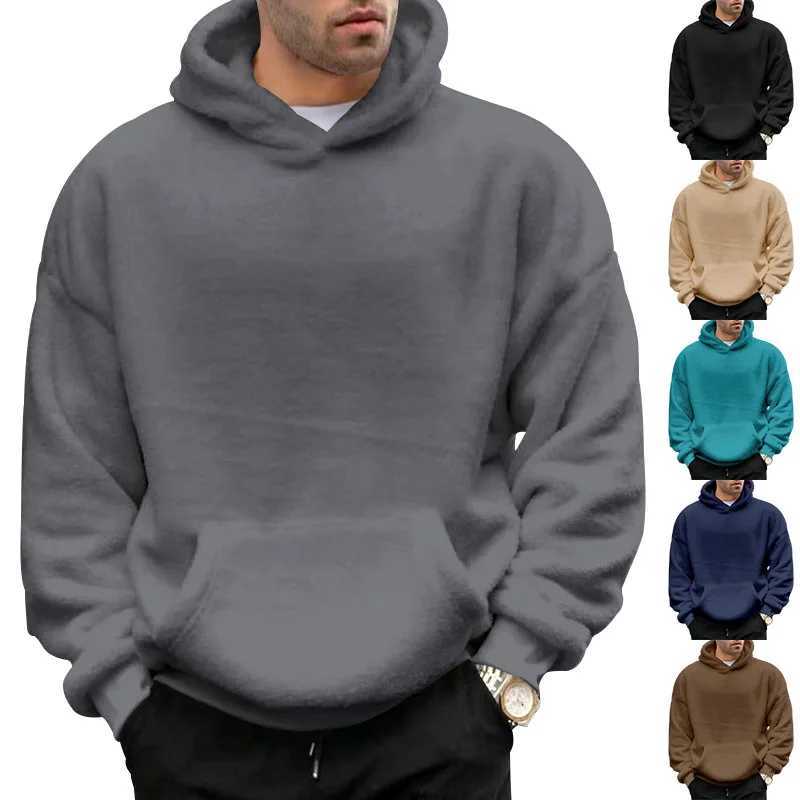 Autumn Winter New Fashion Hoodies Long Sleeve Solid Lamb Wool Sweatshirts Mens Clothing Casual Loose Pockets Korean Trend Tops X241228