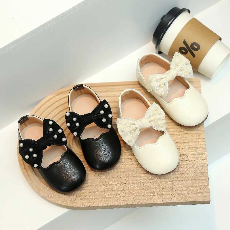 Childrens Mary Jens Pearl Bow Solid Color Girl Princess Shoes Light Sweet Unique Anti slip Preschool Flat Shoes 21-30 W241228