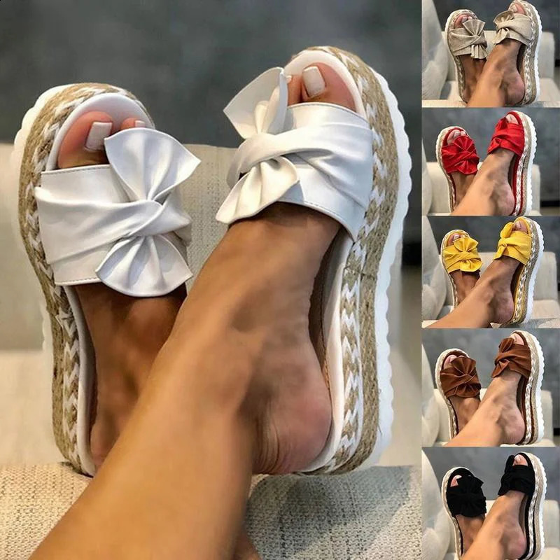 Women Bowknot Sandals Summer Casual Daily Comfy Slip On Platform Casual Sandals Women Breathbale Weave Sandalias Mujer 241228