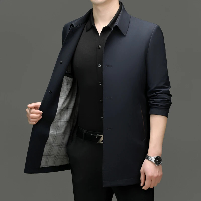 2024 Mens Trench Coat in The Long Lapel Business Fashion Handsome Solid Color Casual Korean Version of Young Father Suit 241220