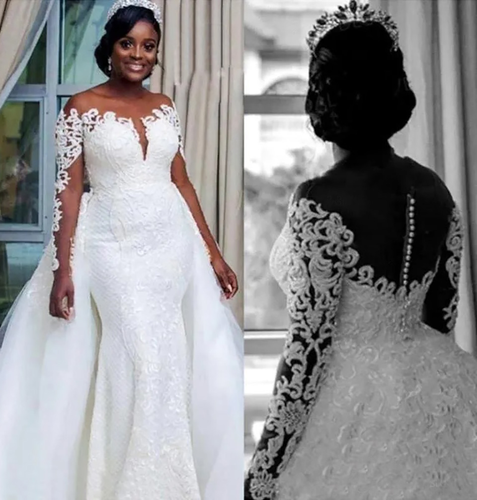 Elegant African Inspired Mermaid Wedding Dress - Tulle Illusion with Long Sleeves & Detachable Skirt