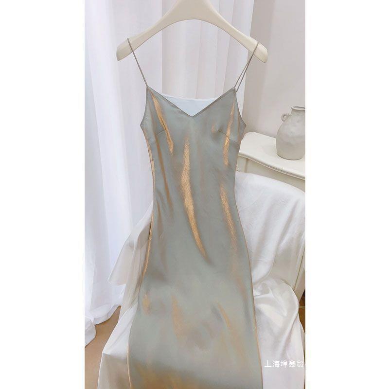 M548751 lines drape smooth moonlight song v-neck fishtail skirt suspender dress white French temperament dress