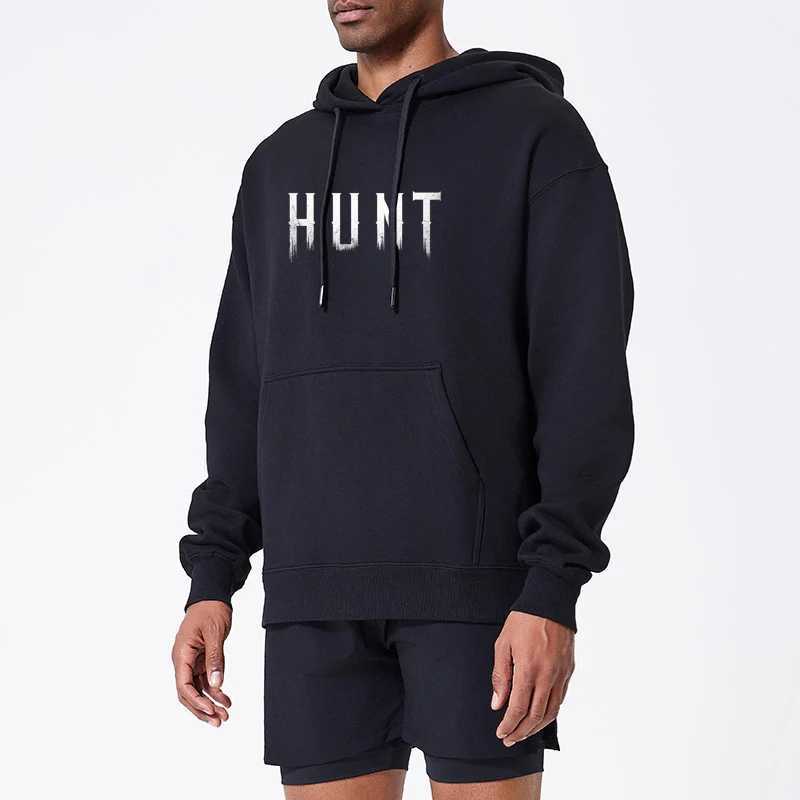 Fashionable mens hooded sweatshirt with hunting print street casual sports style large pocket woolen sweater for autumn and winter X241228