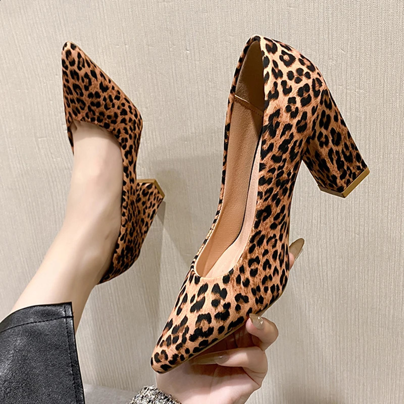 Womens Leopard Print Pumps Pointed Toe Slip On High Heels Shoes for Women Fashion Thick Heeled Dress Shoes Woman Plus Size 241228