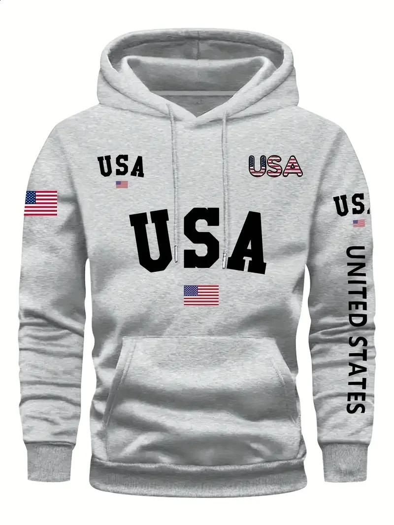 Plus size mens fashionable hoodie long sleeved casual sports style fancy letter American flag print hoodie 241220