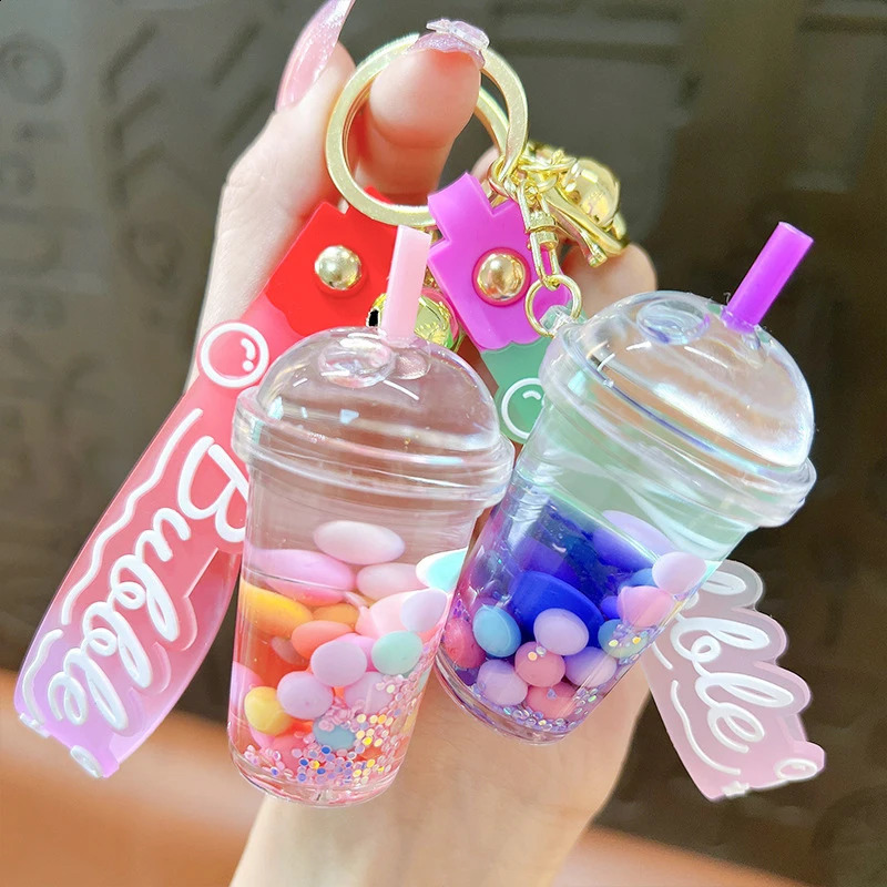 Cute Liquid Pearl Milk Tea Cup Key Chain Creative Quicksand Floating Jelly Bean Keyring Backpack Pendant Keychain Gift For Women 241224