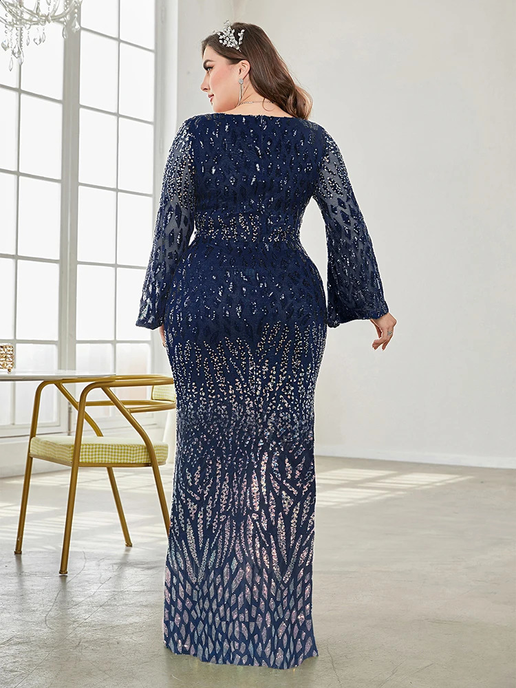 XUIBOL Plus Size Elegant Sequin Blue Evening Dress Women Formal Maxi Prom Long Sleeves Party Dress Cocktail Dress 241220