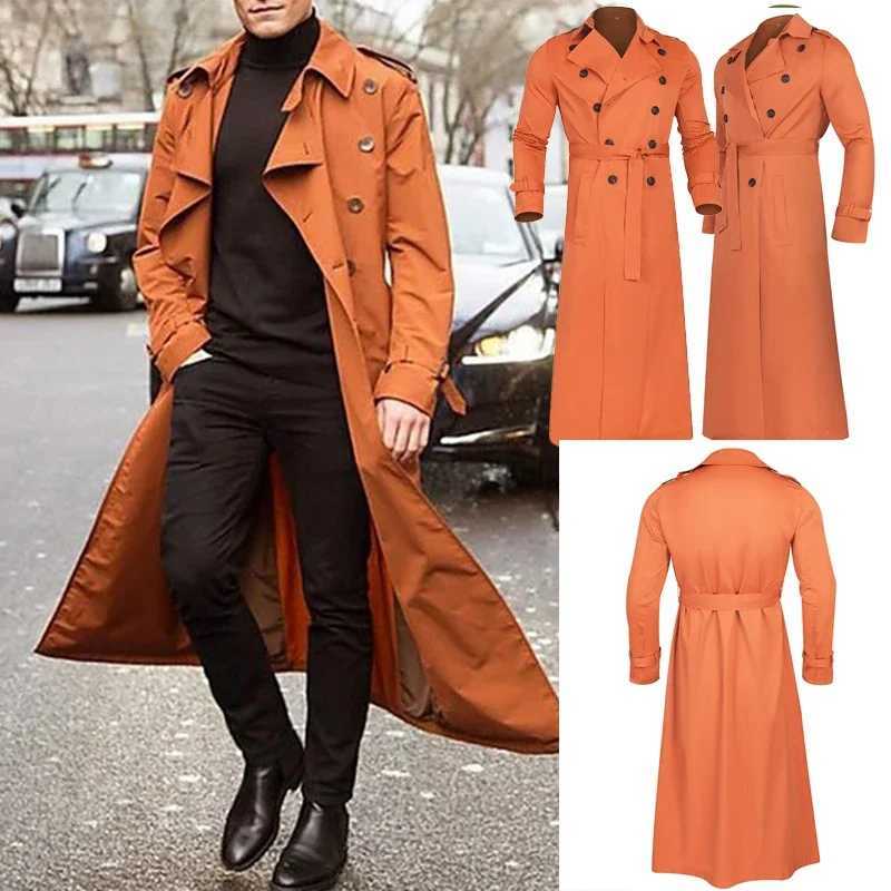 Mens Long Trench Coat Solid Color Long Sleeve Leisure Lapel Button Cardigan Coat Business Commuter Cloak Coat S-2XL W241228
