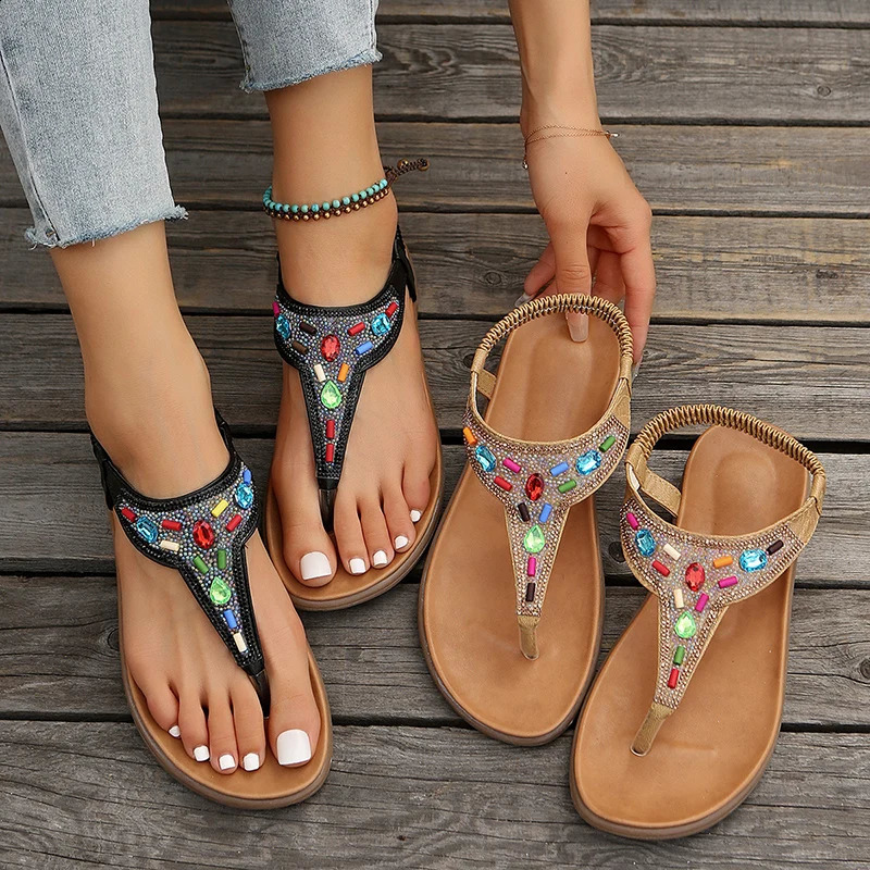 Beaded Decor Bohemian Flat Sandals for Women Summer 2025 Elastic Band Clip Toe Rome Sandals Woman Soft Sole Non Slip Beach Shoes 241228