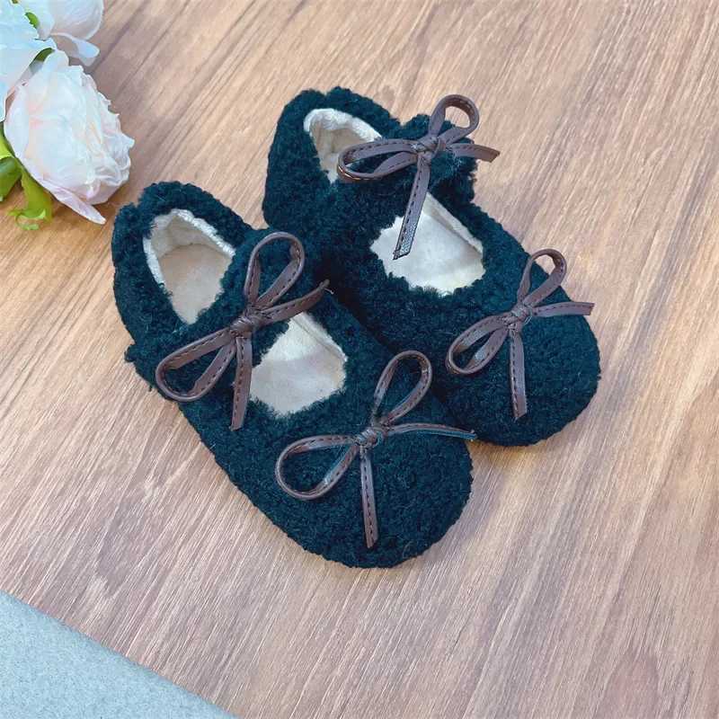 2024 Winter New Childrens Apartment Fashion Double Bow Knot Fur Cover Shoe Head Warm Childrens Casual Shoes Plush Warm Anti slip Mary Jane Shoes W2412