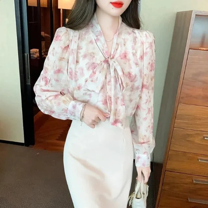 French Style Niche Floral Chiffon Blouse Women Spring Bow Tie Commuting Long Sleeved Allmatch Elegant Shirt 241228